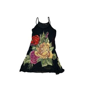Size L (Fits M) Lola P.‎ Black Floral Dress Boho Festival Y2K Spaghetti Strap